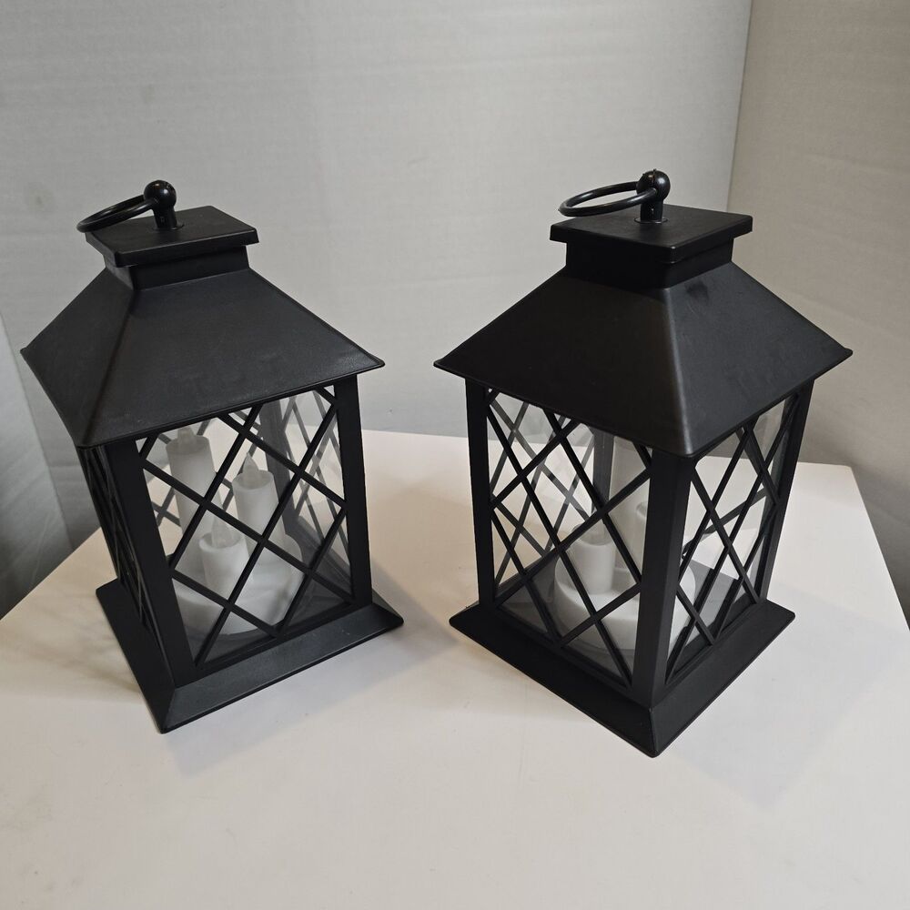 Two Plastic Battery-Operated Lanterns - Black Three Flicker Candle Indoor Decor